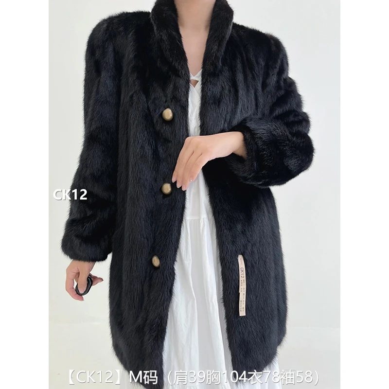 【CK12】M码 本黑色全抽中长款貂皮大衣皮草外套 翻领泡泡袖