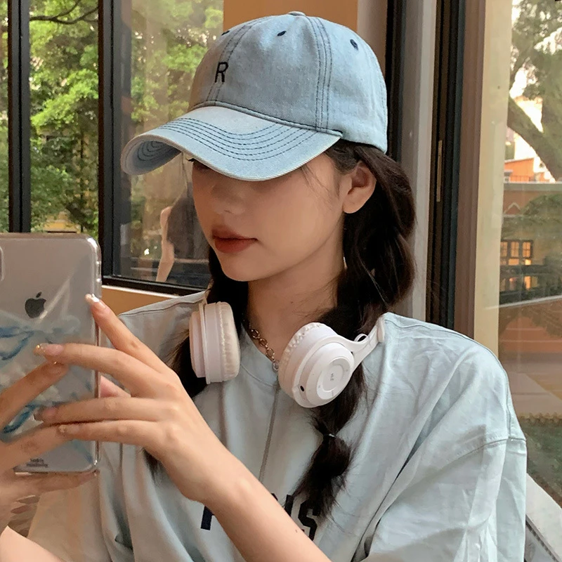 美式棒球帽女显脸小宽檐牛仔蓝色做旧水洗遮阳帽字母刺绣鸭舌帽