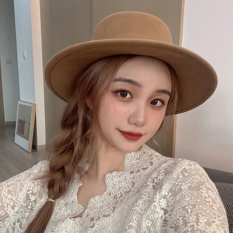 英伦礼帽女秋冬季法式复古平沿洋气时尚平顶羊毛呢帽子男士春秋季