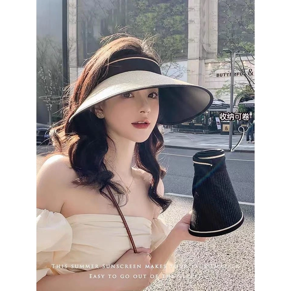 草编空顶防晒帽子女夏季防紫外线骑车遮阳太阳帽升级版可卷可折叠