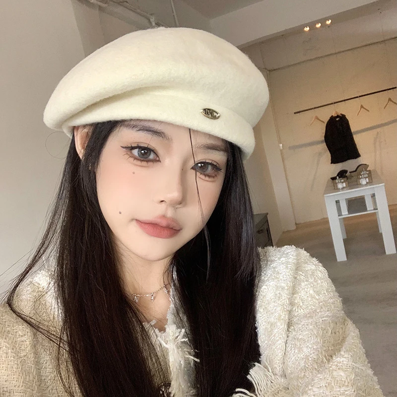 白色羊毛呢贝雷帽秋冬季韩系大头围八角帽子女2023新款高端画家帽