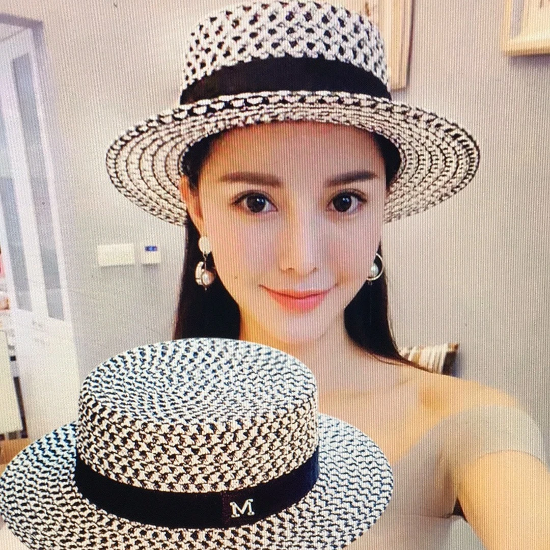 帽子女韩版春夏天黑白镂空英伦复古平顶礼帽女遮阳防晒出游沙滩帽