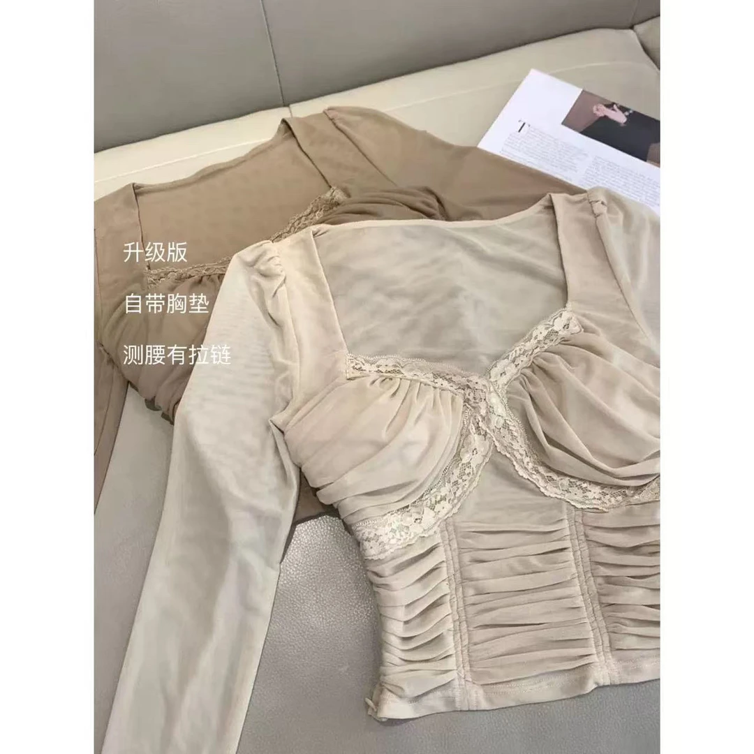 大脸喵 浪漫本能 甜系少女欲感带胸垫显胸蕾丝长袖T恤内搭上衣