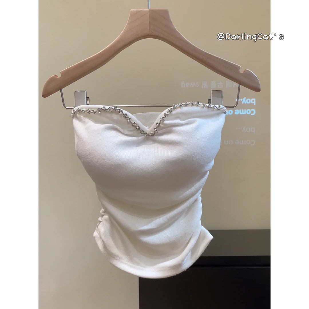 大脸喵 小女生 2025春款自带胸垫秋冬新款重工带钻抹胸背心