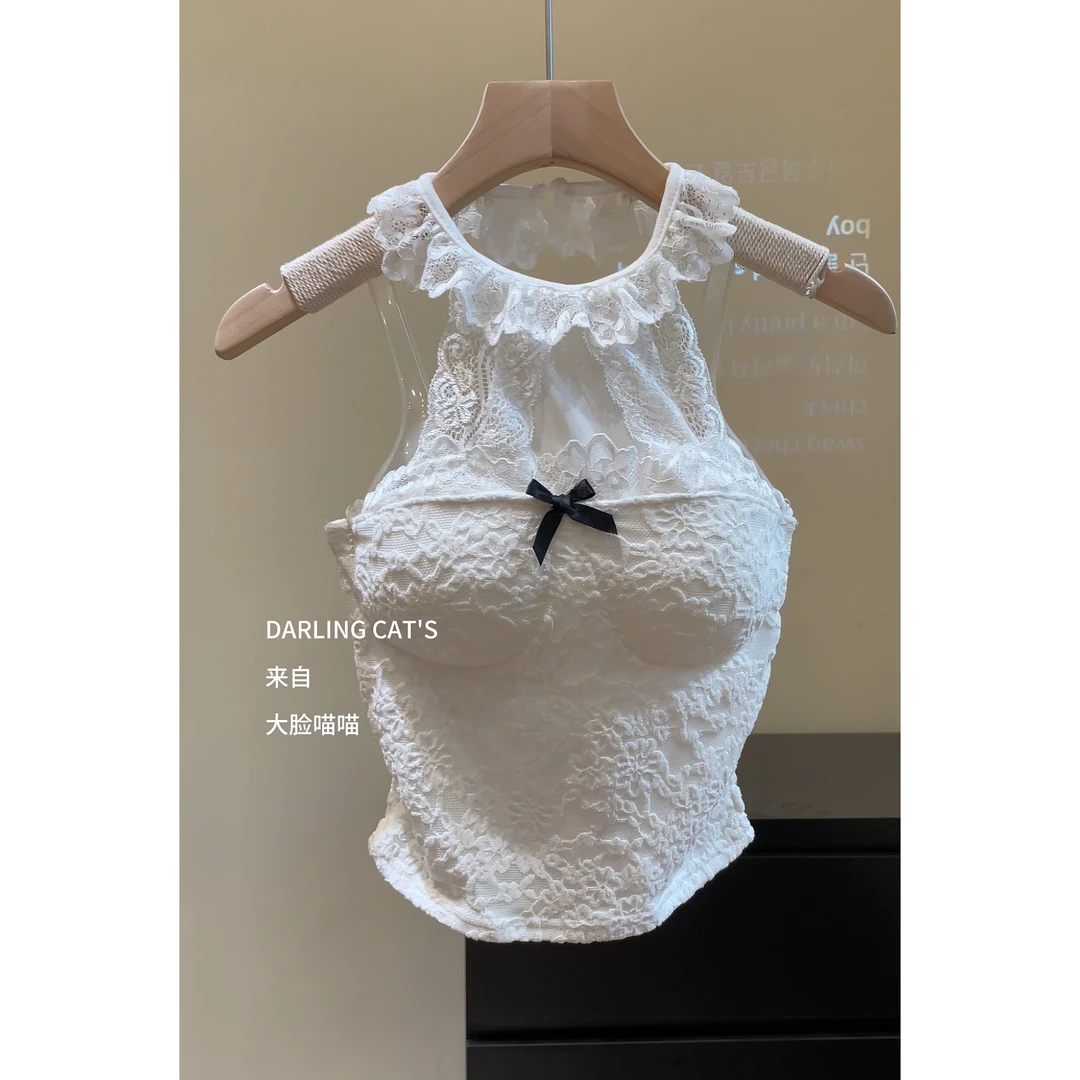 天使白白 自带胸垫 秋冬新款背心蕾丝挂脖