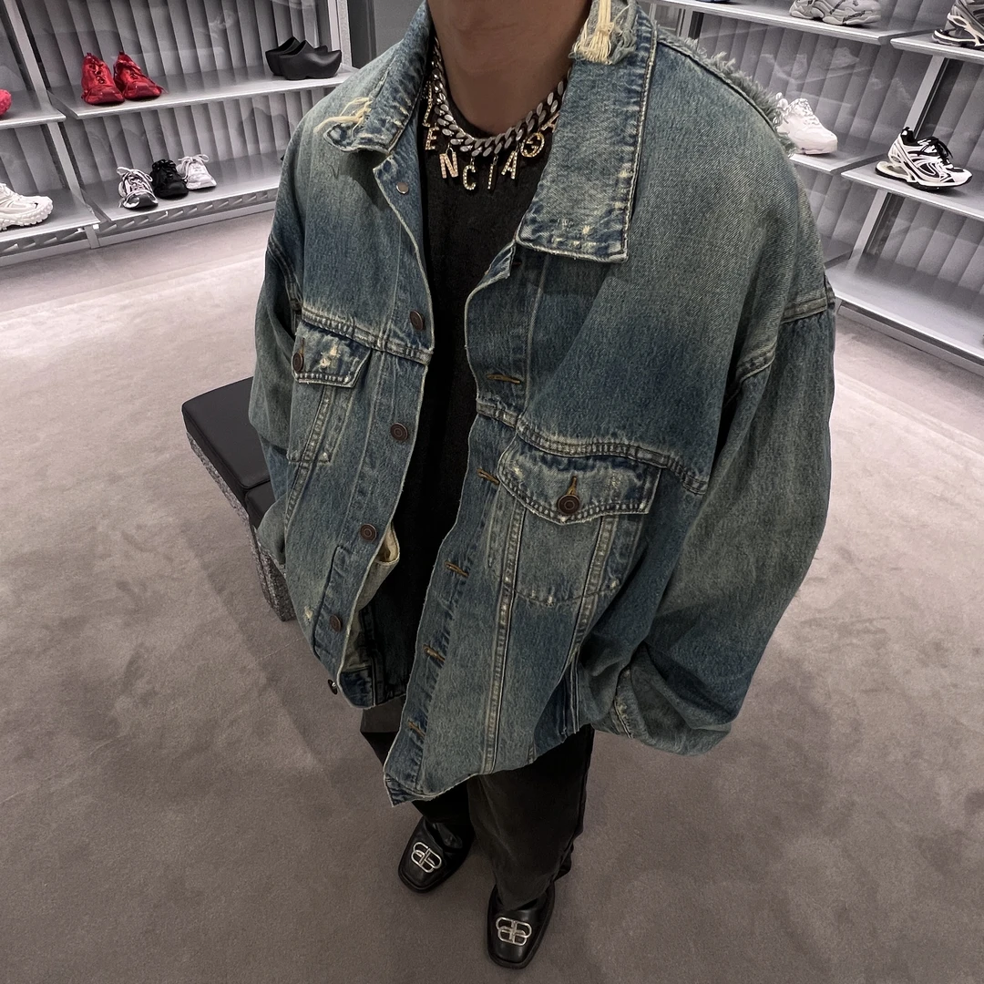 “JUST 3%”理念2023SS oversize宽松廓形手工做旧洗水破洞牛仔外套
