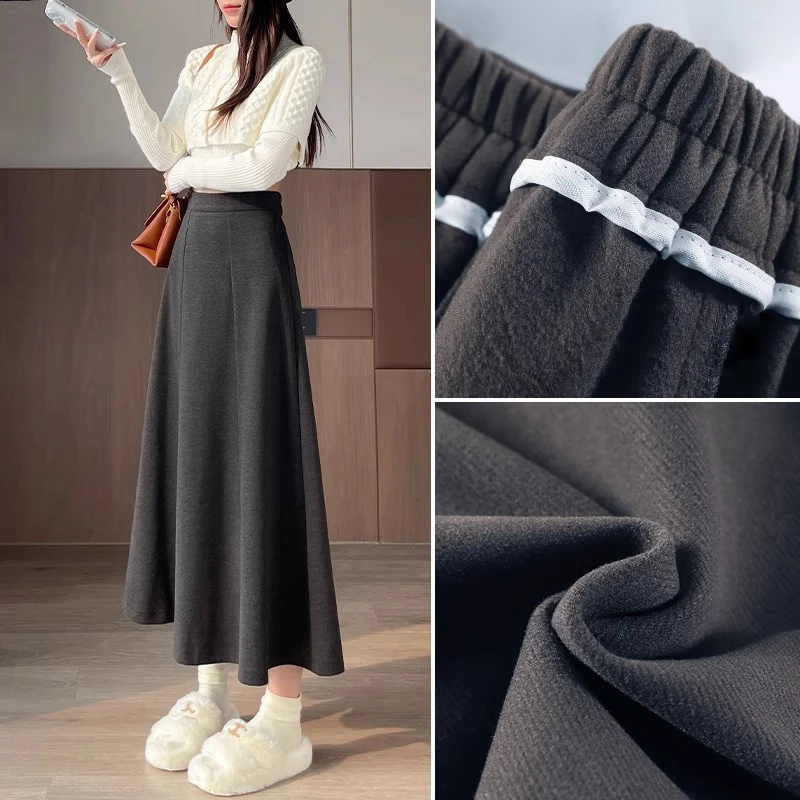 灰色毛呢半身裙女秋冬新款a字百褶2024年高腰中长款显瘦气质伞裙