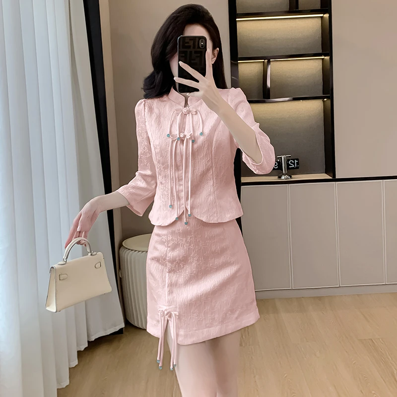 531晗丽新中式两件套装裙国风2024新款改良国风上衣洋气半裙套装a