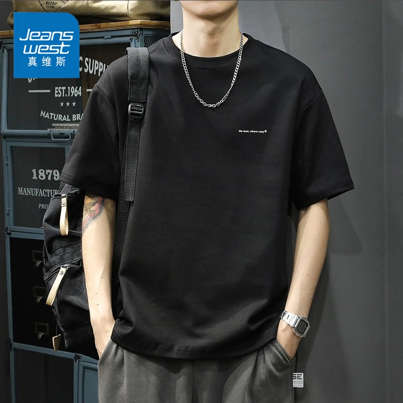 Jeanswest/真维斯纯棉重磅短袖夏季印花上衣潮流百搭圆领T恤男生