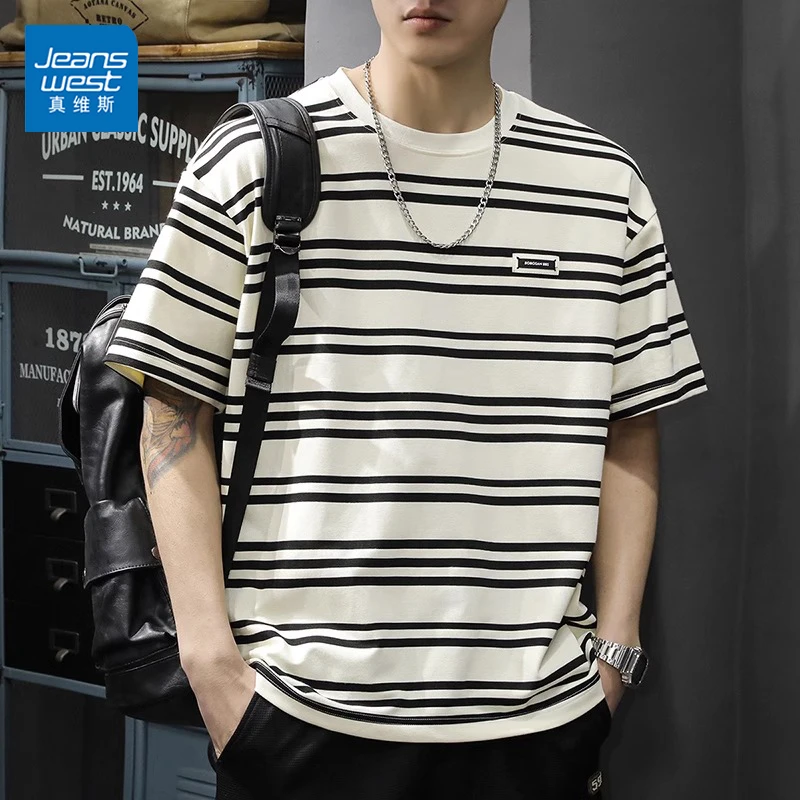 Jeanswest/真维斯夏季男生短袖T恤潮牌条纹休闲宽松圆领半袖上衣