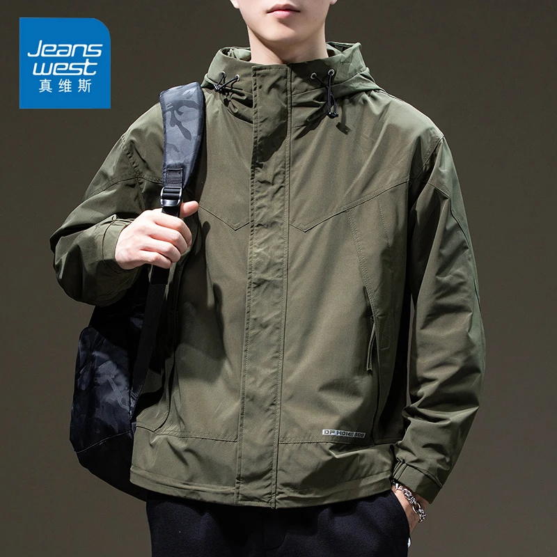 Jeanswest/真维斯冲锋衣男士加绒秋冬季潮流宽松百搭休闲连帽外套