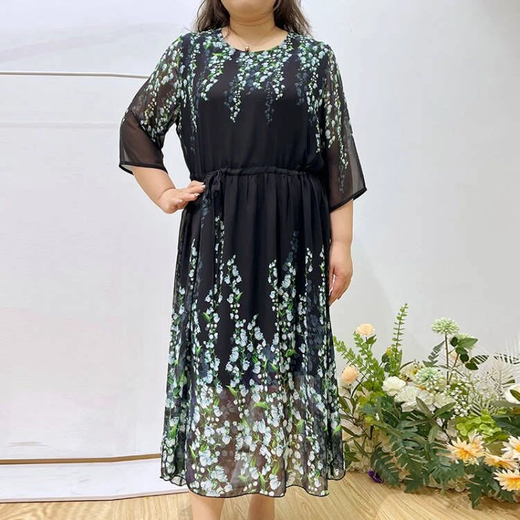 1295高档大码女装连衣裙夏季新款中袖裙子长裙胖妈妈印花大摆裙