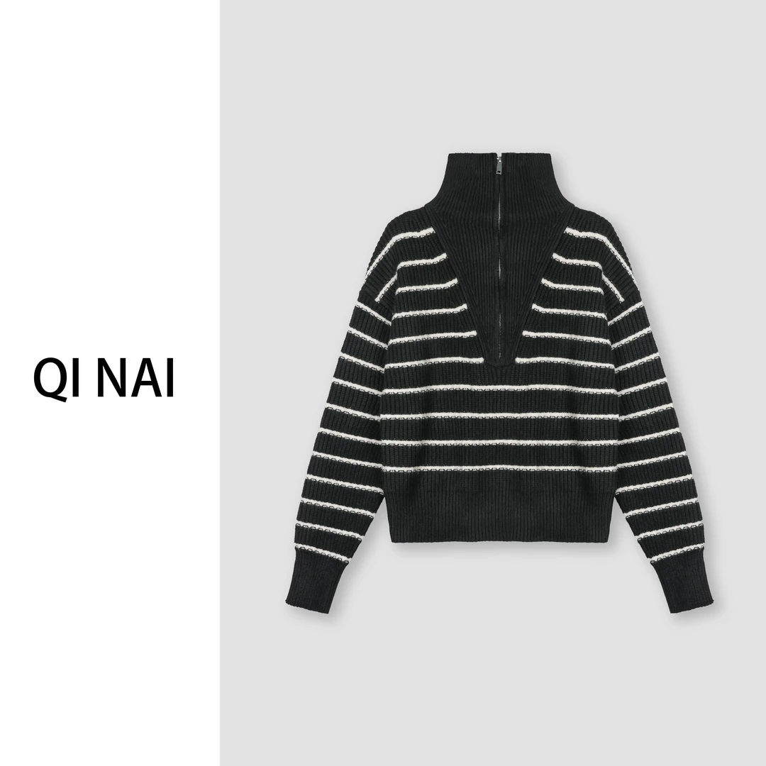 七奈推荐 【条律】时尚百搭条纹半拉链针织上衣QN11959
