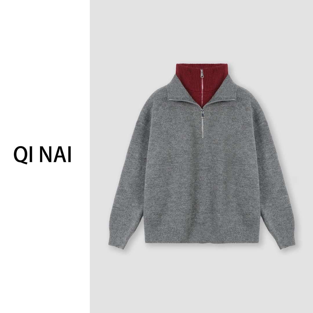 七奈推荐 【昂饰】时尚宽松假两件半拉链休闲套头毛衣QN12017