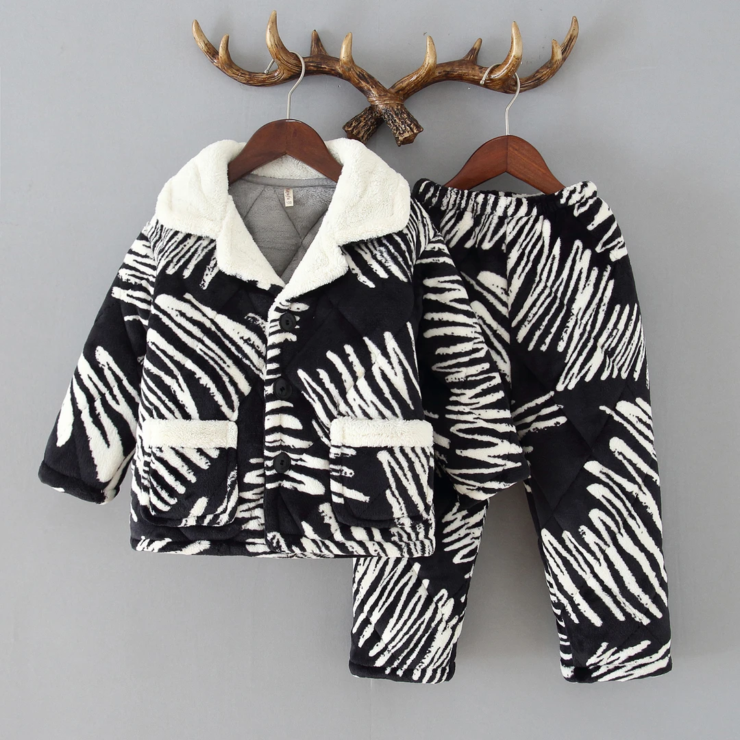 冬季加厚男女青少年儿童法兰绒睡衣三层夹棉珊瑚绒保暖家居服套装