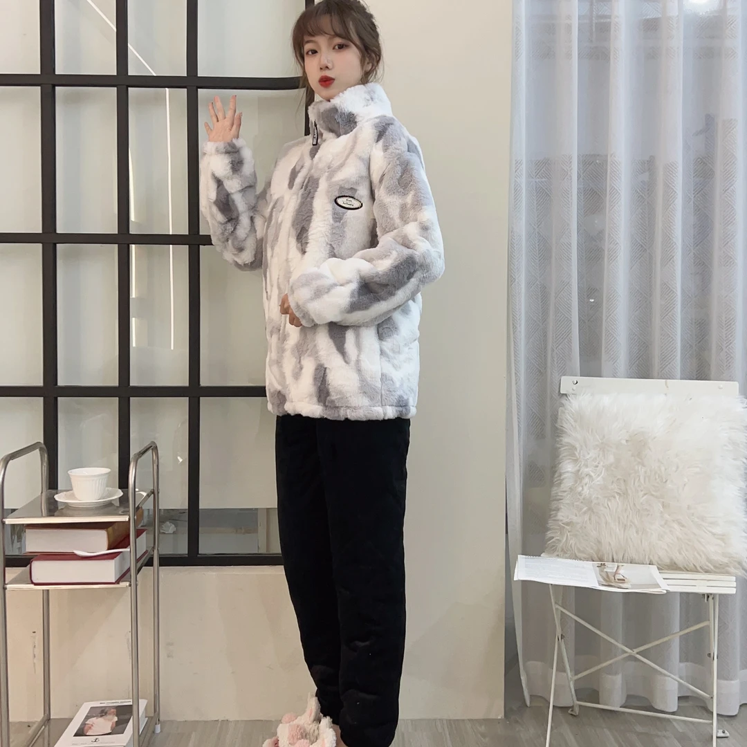 女士冬款立领加厚珊瑚绒睡衣少女仿兔绒扎染保暖复古可外穿家居服