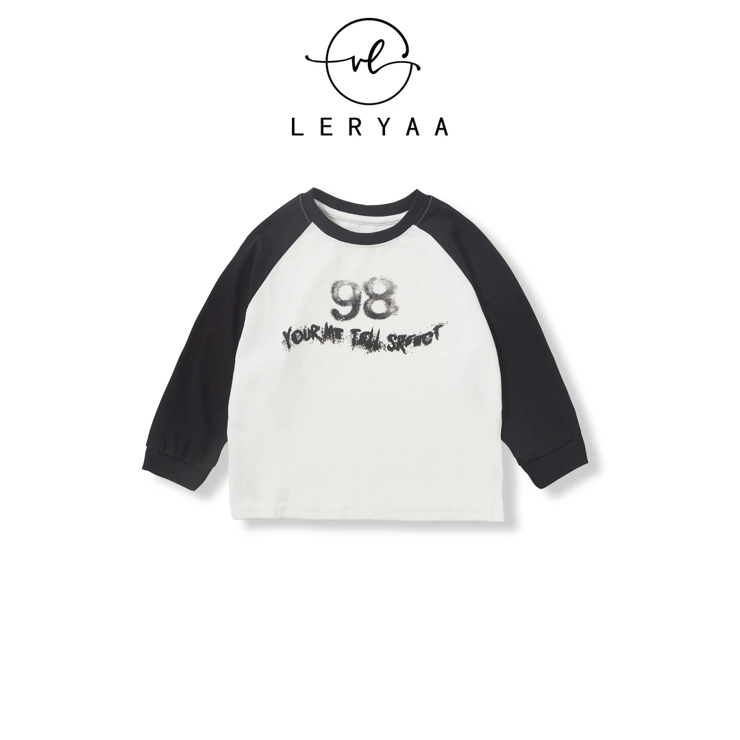 LERYAA▧韩版黑白拼色字母长袖T恤,舒适简约百搭时尚男童新款上衣