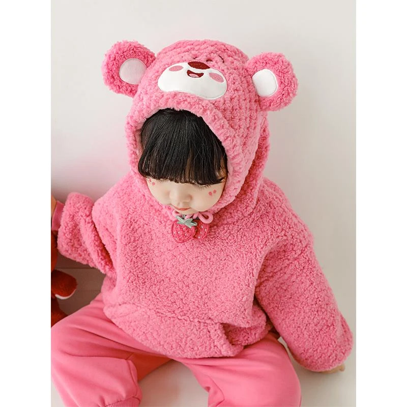 【YOEHYAUL幼悠】Q2555幼悠甜味星球暖绒提花草莓熊系列卫衣