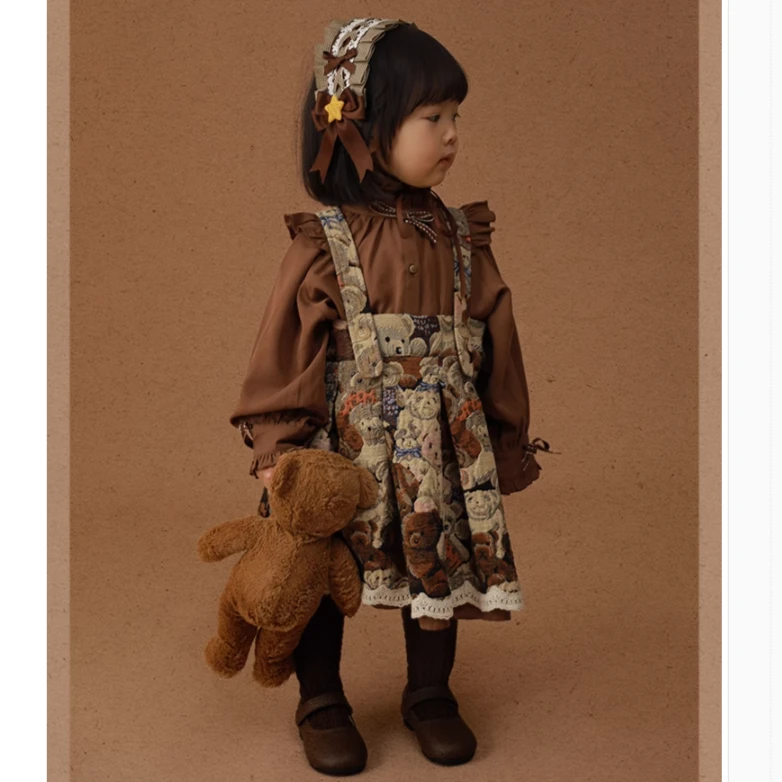 【YOEHYAUL幼悠】C1336儿童卡通小熊提花女童短裙复古时尚重工裙