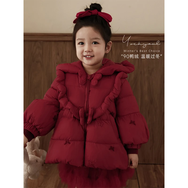 幼悠女童冬季纯色羽绒服儿童洋气灯笼束袖防风保暖连帽外套LD0052