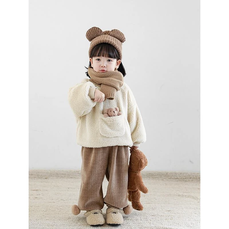 【YOEHYAUL幼悠】D1938坑条肌理毛球加绒束脚裤保暖宝宝洋气女童