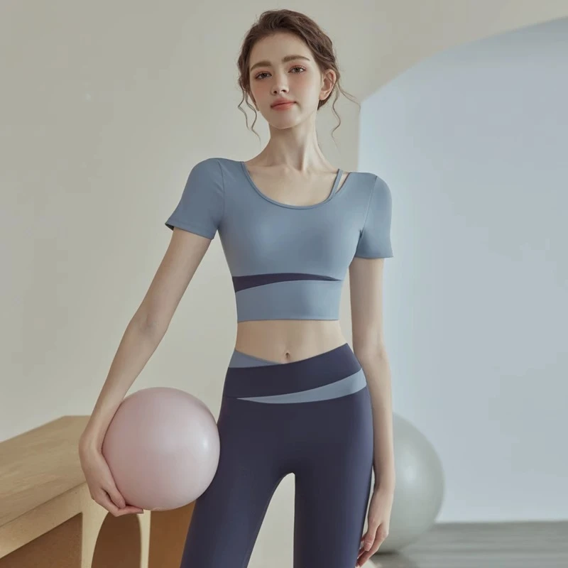 瑜伽服女短袖健身运动带胸垫上衣夏季普拉提高级感套装32423