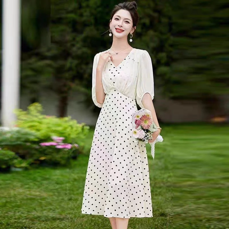 MZ长款连衣裙轻奢高级感夏天新款时尚气质洋气波点拼接裙子mc2412