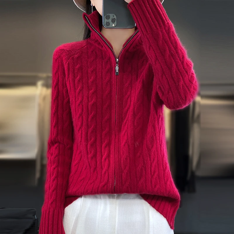 MZ.高领拉链羊毛开衫24年秋冬新款麻花时尚宽松外套LG2301