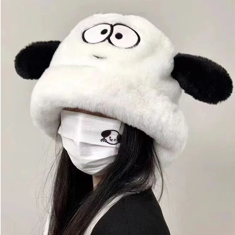可爱秋冬卡通大眼狗骑车护耳百搭保暖加厚帽子俏皮毛绒小狗帽子