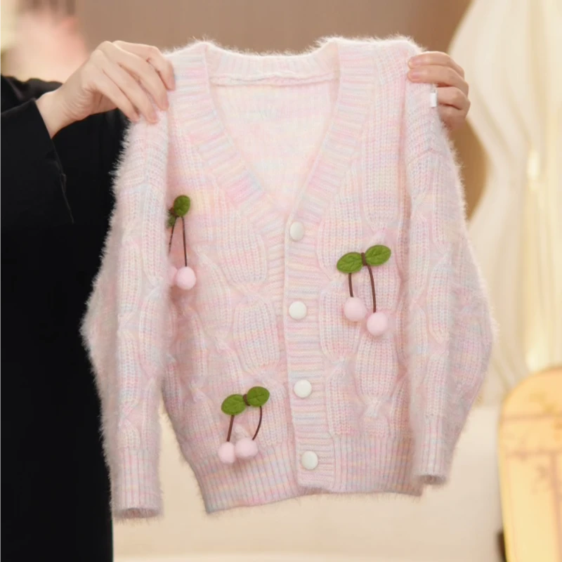 【粉色樱桃开衫】童装2024秋冬季新款女童毛衣女孩小香风针织衫开衫