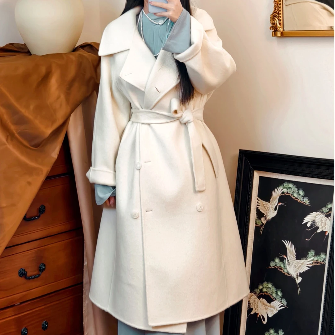 VANCY COUTURE白色双面呢大衣显瘦气质时尚中长款秋冬双排扣毛呢
