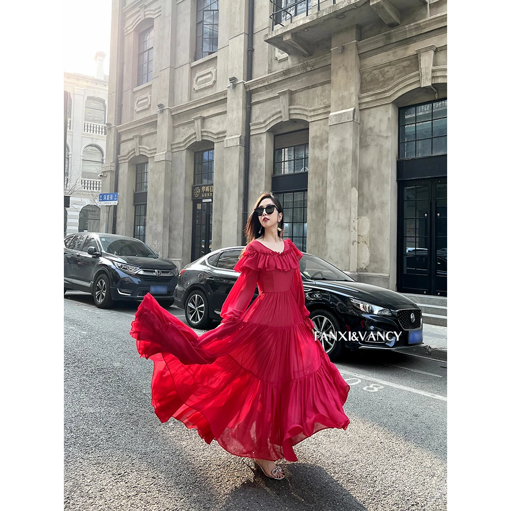 FANXI&VANCY十四米大摆荷叶边连衣长裙 宝藏衣橱产地溯源180934