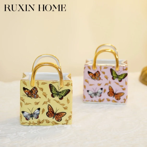 如馨家居 复古美式欧式 陶瓷花蝶小提包描金桌面叉勺收纳包