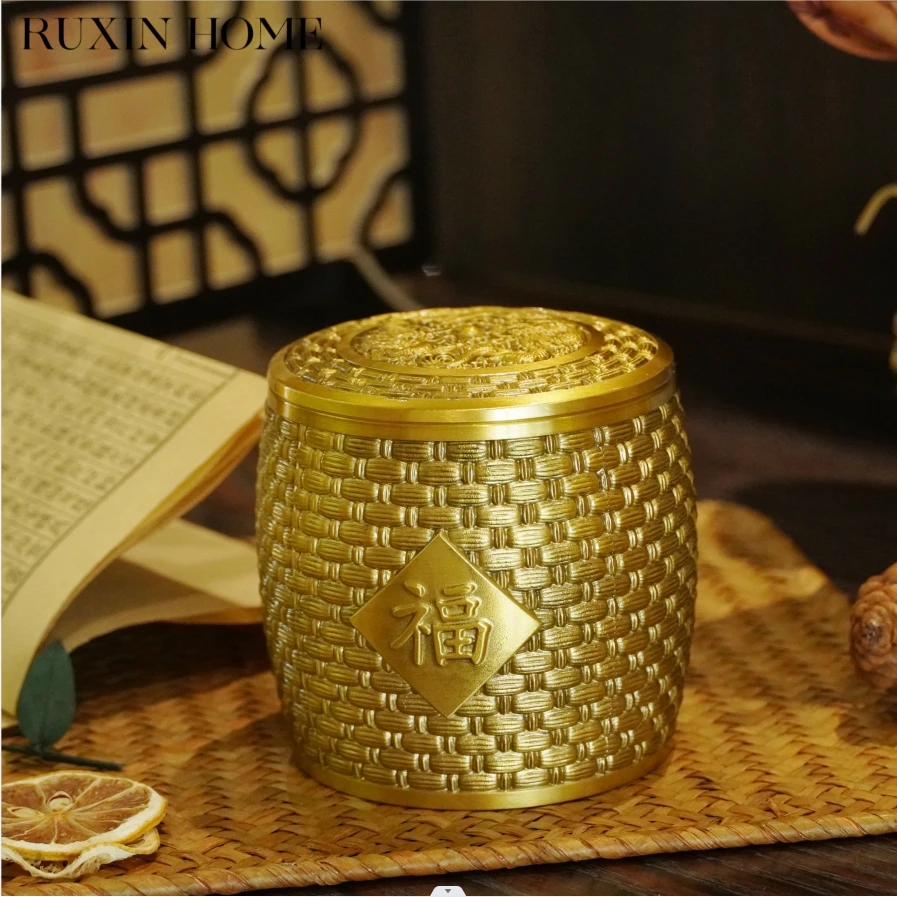 如馨家居 中式黄铜浮雕双龙戏珠福字粮仓高档茶叶罐客厅收纳摆件