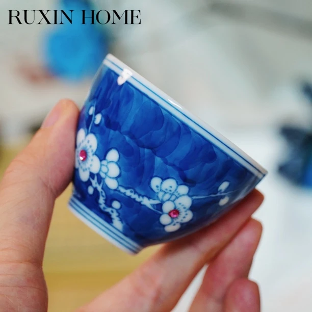 如馨·施华洛·镶钻高端纳米釉茶杯 高温手绘青花