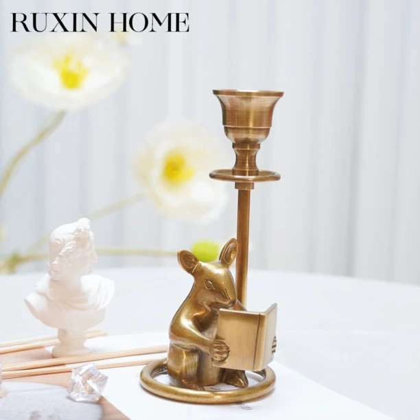 如馨家居 美式印度进口手工黄铜小老鼠读书烛台创意礼品书房摆件