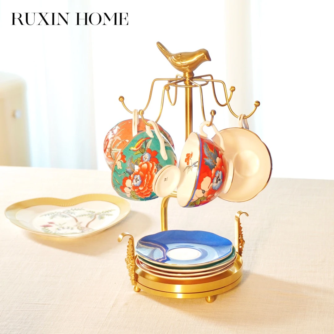 RUXINHOME 如馨家居黄铜咖啡杯杯架 欧式轻奢黄铜杯碟收纳挂架