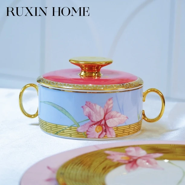 如馨家居 自然写生卡特兰双耳盅带盖早餐碗高骨瓷高奢燕窝碗果碗