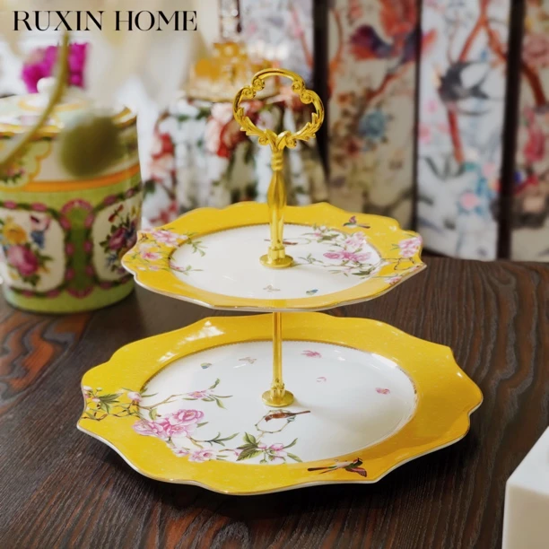 如馨家居 美人梅欧式双层水果点心收纳 提手桌面甜品台装饰摆件