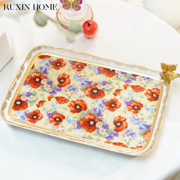 如馨家居 法式奢华客厅茶几干果碟收纳盘铜配瓷果盘手绘托盘摆件