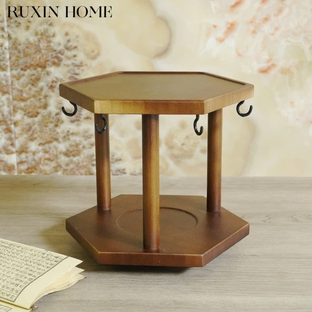 如馨家居 六角茶具收纳架客厅桌面实木置物架中式咖啡杯杯架