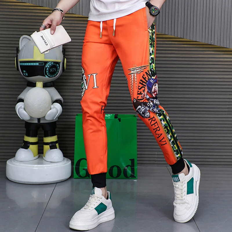 欧洲站夏季数码印花冰丝休闲裤男2024新款时尚潮流束脚运动松紧裤