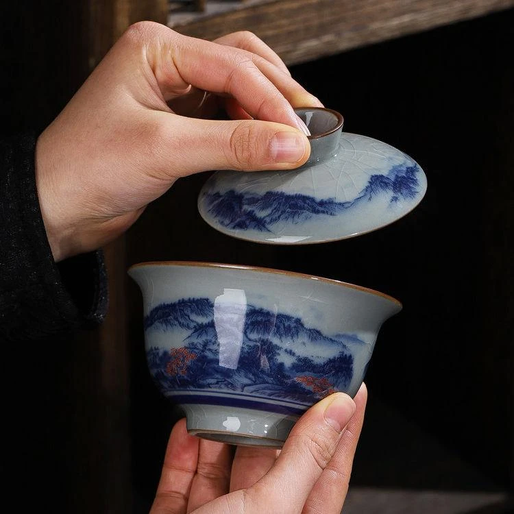 仿古中式青花瓷盖碗茶杯茶具办公家用大号陶瓷功夫单个三才泡茶碗