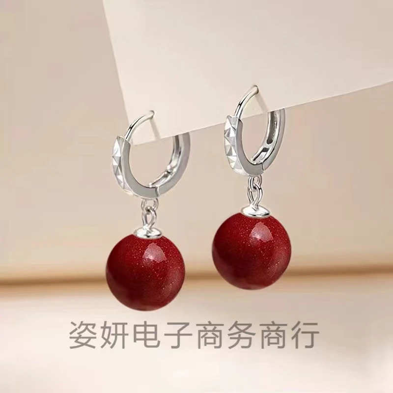 含辰砂工艺品本命年新款辰砂耳环女纯银简约气质经典百搭红色耳饰