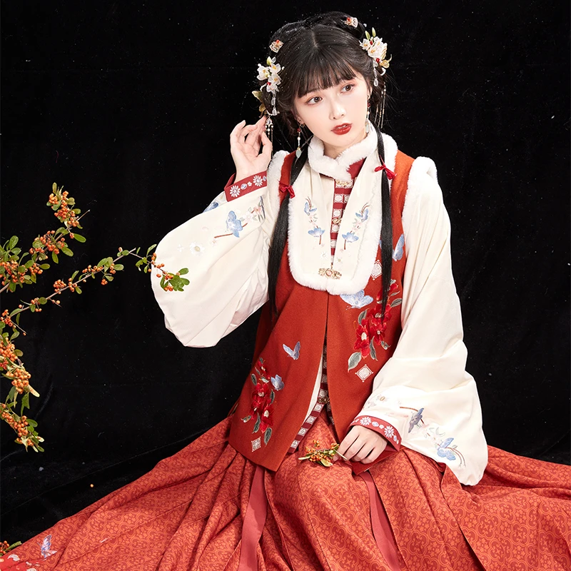 池夏【花间事·轻花蝶影】明制加绒比甲短袄马面改良汉服