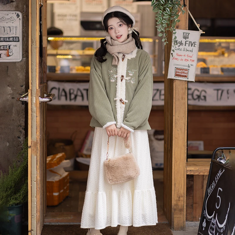 池夏【立冬:抹茶麻薯】汉元素短袄蕾丝半裙原创改良汉服女 秋冬