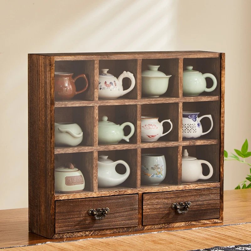 实木茶杯架杯子防尘建盏紫砂壶收纳柜新中式桌面博古架小型桌上