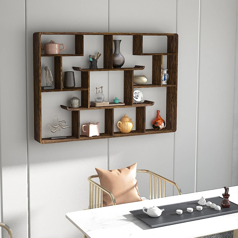 （直播间专属）博古架实木新中式挂墙收纳摆件多宝阁格子架茶具架