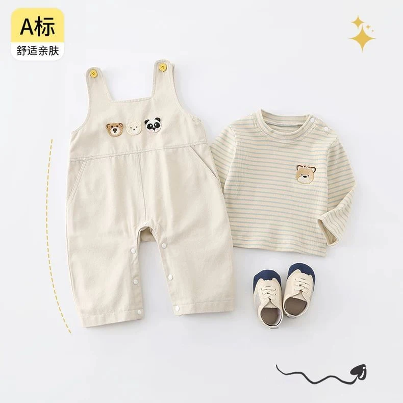 婴儿背带裤套装春秋季韩版卡通连体衣可爱男女宝宝纯棉上衣两件套