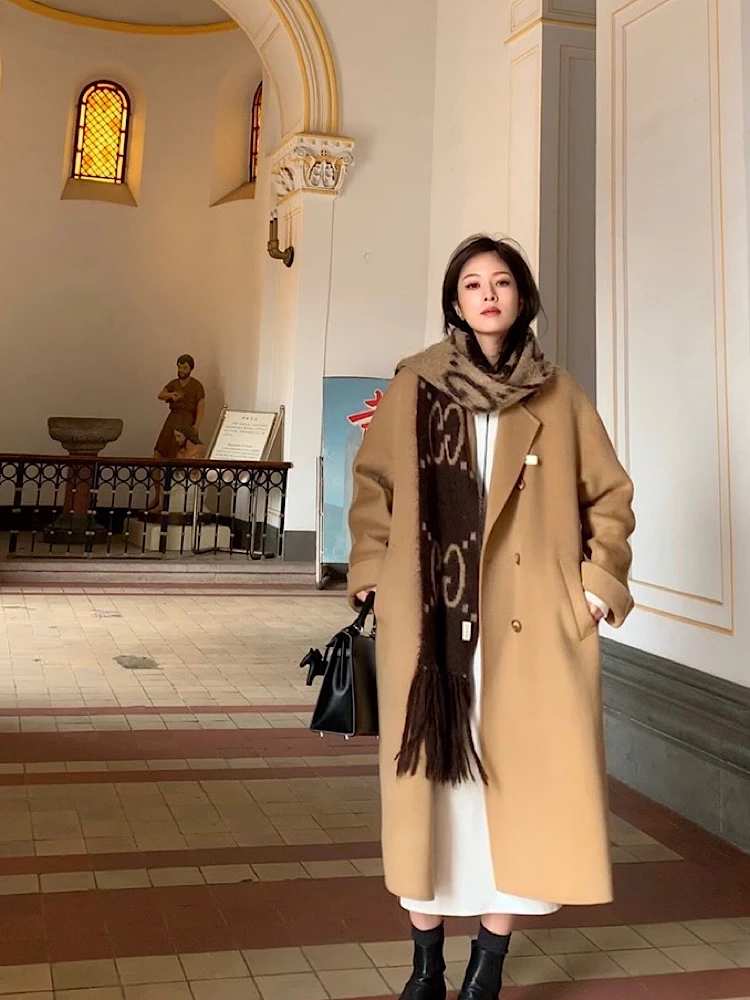 破产女孩全羊毛双面呢经典百搭宽松休闲中长款冬季大衣毛呢外套女